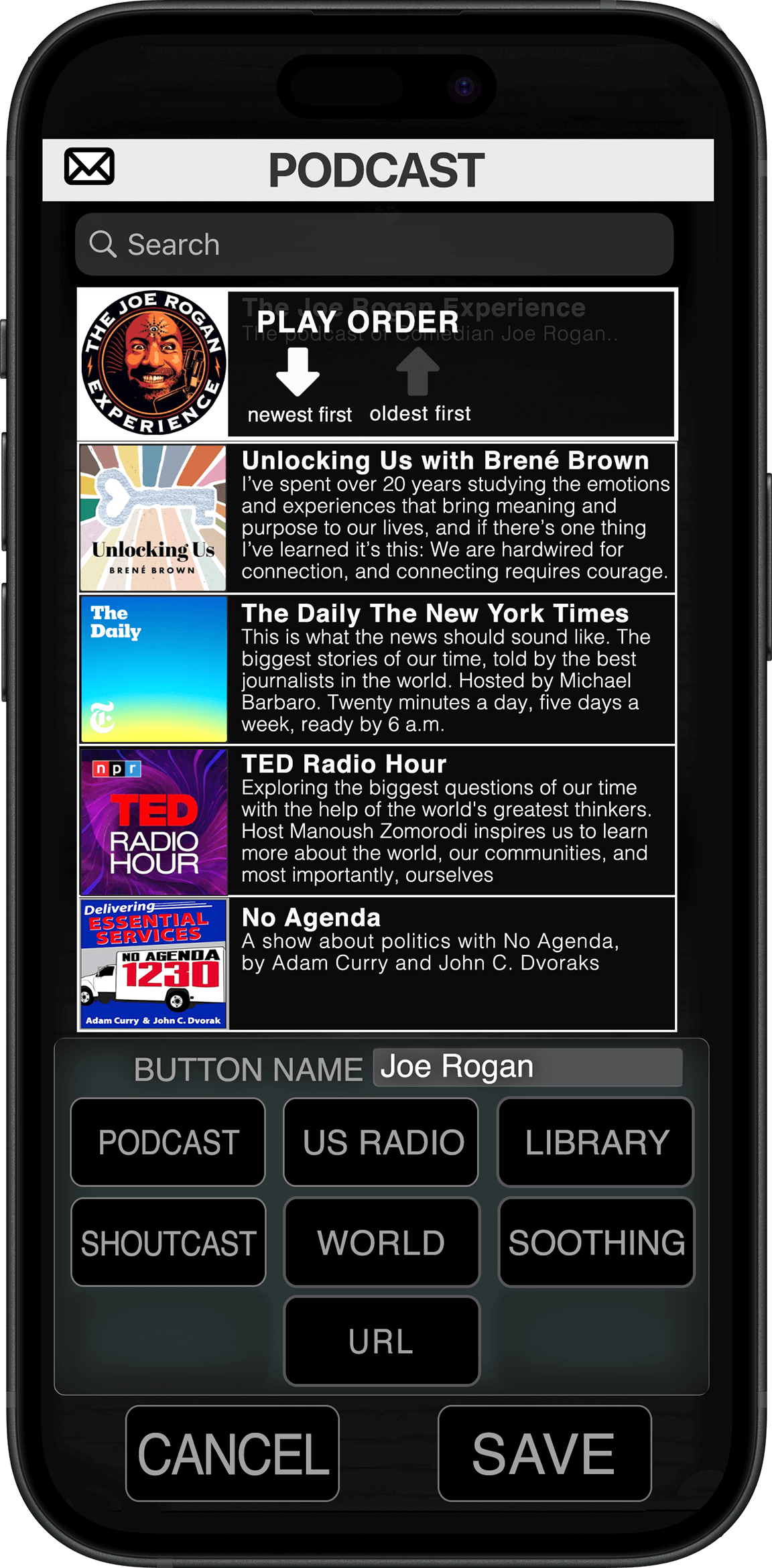 Best Clock Radio podcast player interface on iPhone